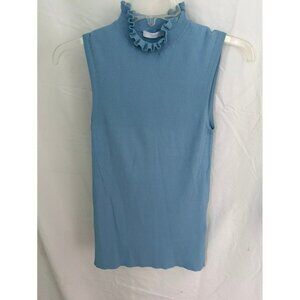 BOSS Sleeveless Top Ruffle Mock Neck Knit Ribbed Powder Blue Casual